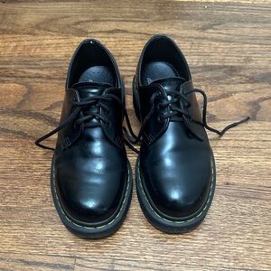 Dr. Martens Black Leather Oxfords with Yellow Stitching